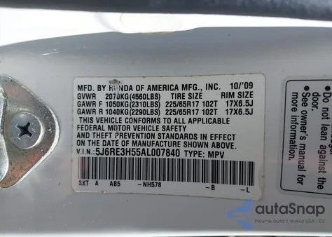 2010 Honda Cr-V Ex z USA, uszkodzony, nr VIN 5J6RE3H55AL007840